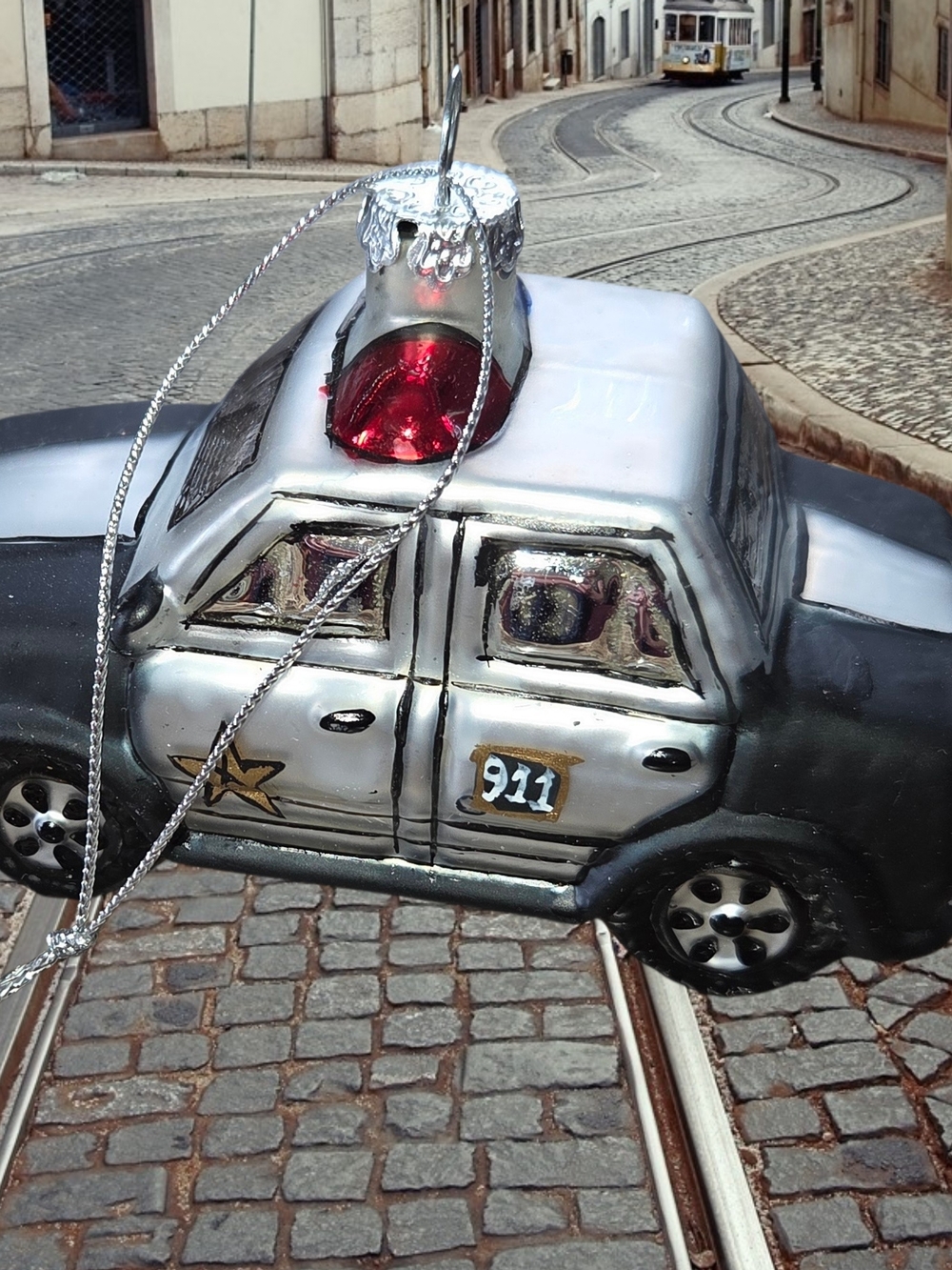 vintage mouth blown, handpainted mercury police car ornament